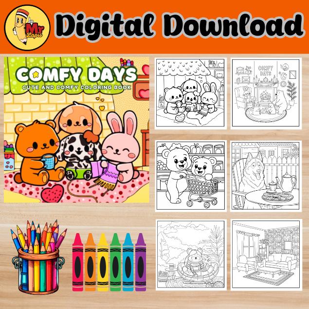 Comfy Days Digital Coloring Book Bundle of 2 – 92 Pages of Cozy and Relaxing Designs for Adults and Teens, Printable PDF, 8.5 x 8.5 Inches