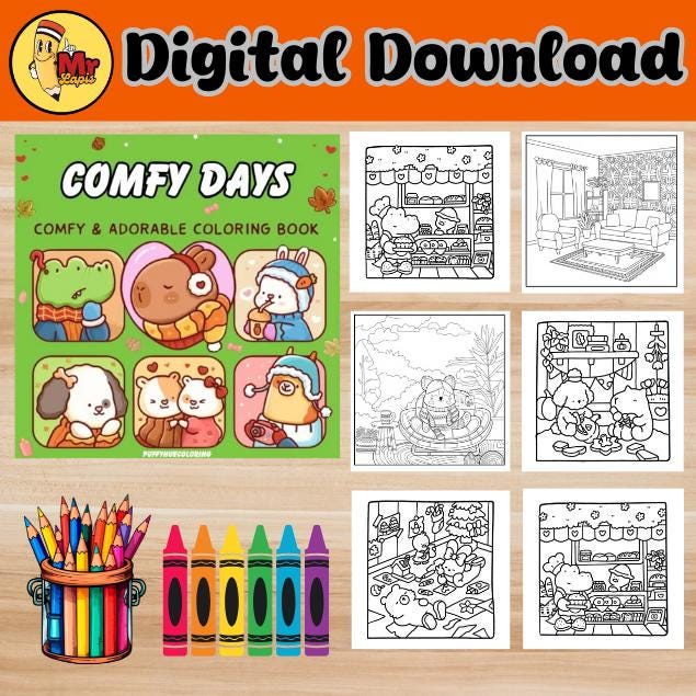 Comfy Days Digital Coloring Book Bundle of 2 – 92 Pages of Cozy and Relaxing Designs for Adults and Teens, Printable PDF, 8.5 x 8.5 Inches