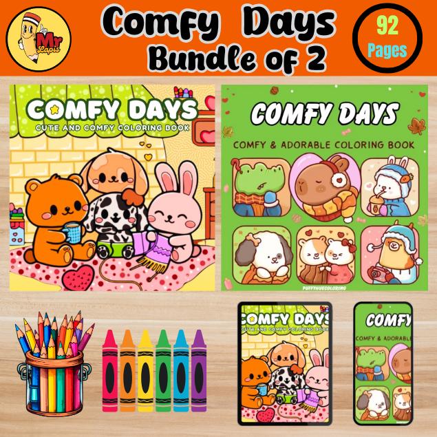 Comfy Days Digital Coloring Book Bundle of 2 – 92 Pages of Cozy and Relaxing Designs for Adults and Teens, Printable PDF, 8.5 x 8.5 Inches