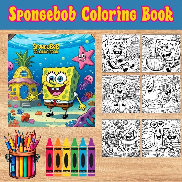 SpongeBob Coloring Book for Kids – Bold & Easy A5 Landscape PDF | 50+ Pages | Instant Download | Fun Printable Digital Coloring
