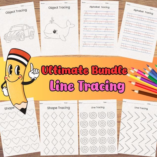 Tracing Worksheets Bundle 96 PAGES Line Trace Page Printable, Object Tracing, Line Tracing, Alphabet Worksheets, Trace Worksheets, Preschool