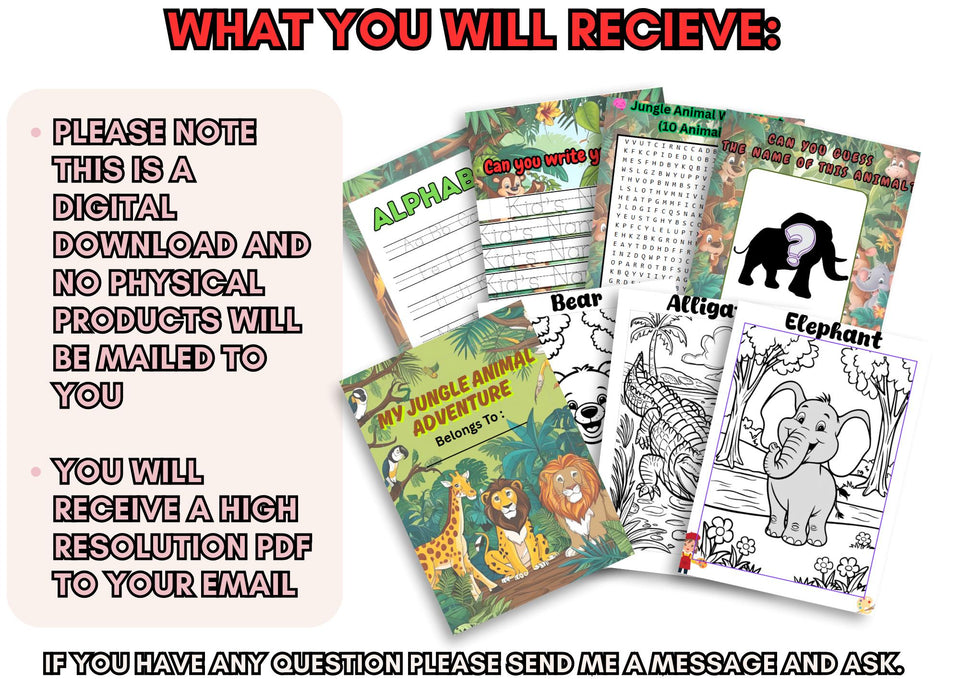 Jungle Animal Busy Book for Kids – Preschool Printable, Educational Toddler Workbook, Fun Learning Activities, Digital Download